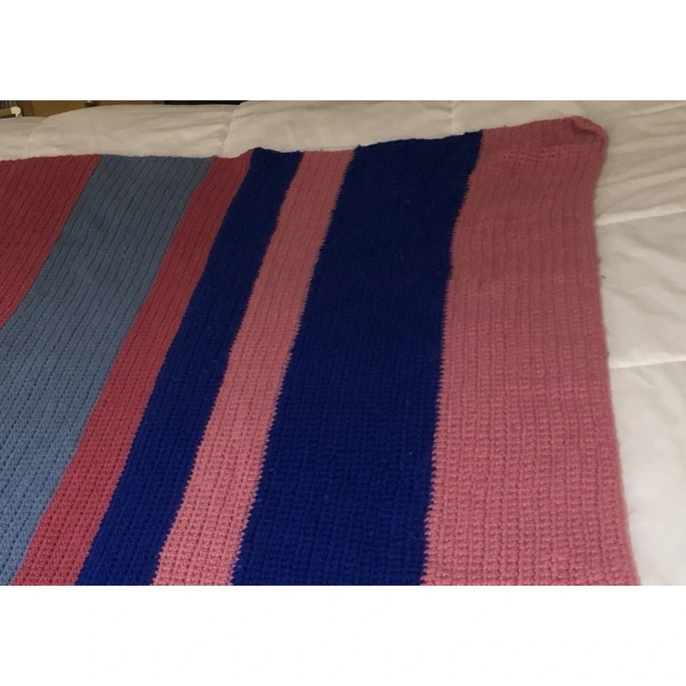 Four toned Stripes Pretty Pink Blue Vintage Afghan Cozy Couch‎ Throw Blanket